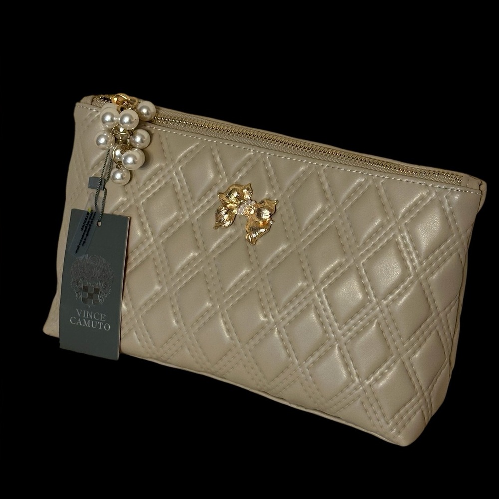 Vince Camuto Quilted Beige Cosmetic Bag